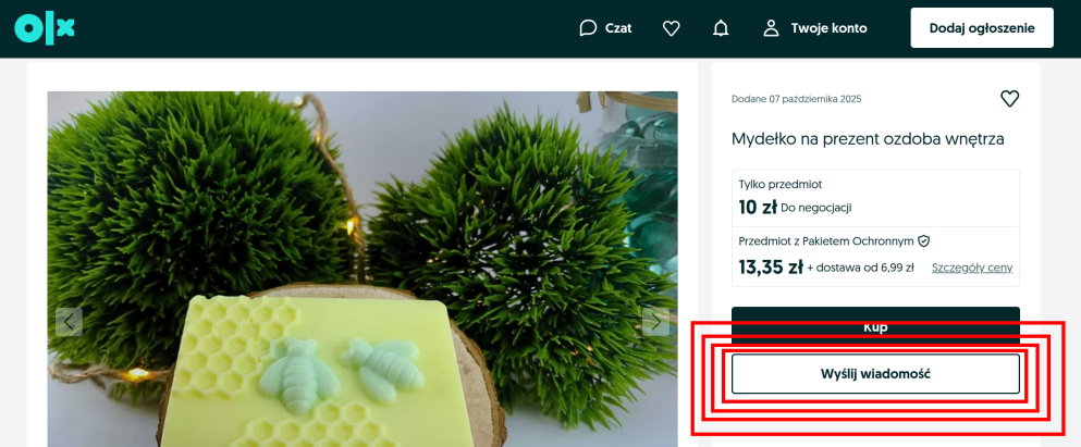 wyślij wiadomość olx soapia